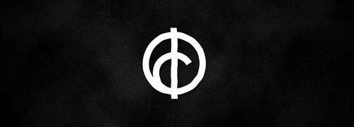 a white circular symbol on a black background